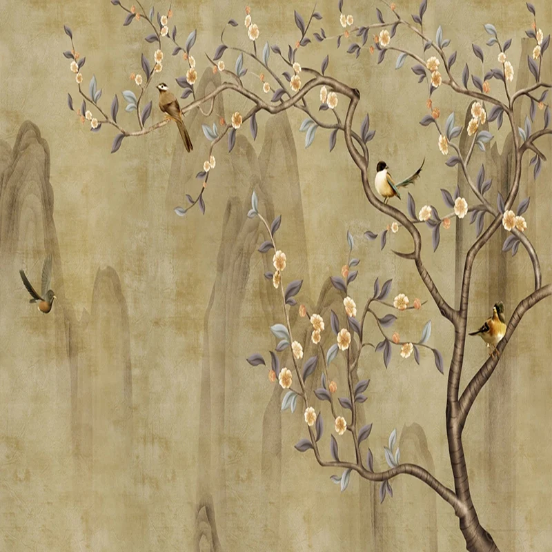 Custom 3D Sienos Freskos Kinijos Retro Stiliaus Rankų Dažytos Gėlės Ir Paukščiai Fono Sienos Popieriaus Kambarį Tyrimas Papel De Parede