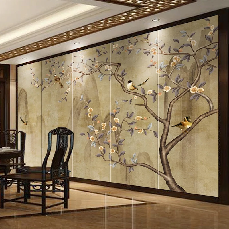 Custom 3D Sienos Freskos Kinijos Retro Stiliaus Rankų Dažytos Gėlės Ir Paukščiai Fono Sienos Popieriaus Kambarį Tyrimas Papel De Parede