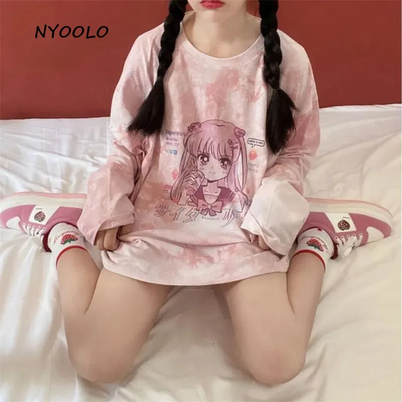 NYOOLO Harajuku saldus animacinių filmų Anime mergina kaklaraištis dažų long sleeve t-shirt moterims, drabužiai Rudens prarasti puloveriai viršūnes tee
