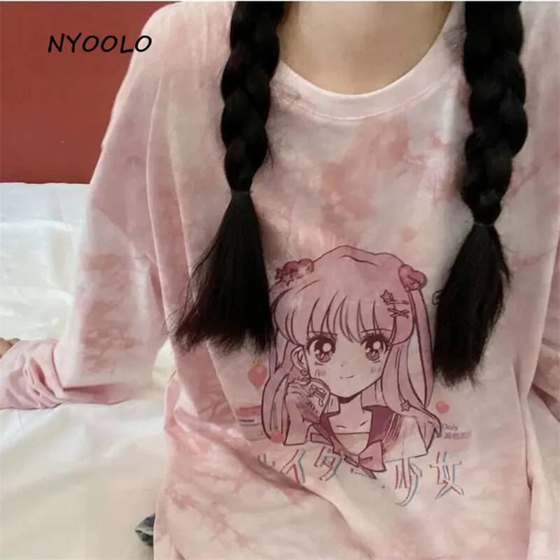 NYOOLO Harajuku saldus animacinių filmų Anime mergina kaklaraištis dažų long sleeve t-shirt moterims, drabužiai Rudens prarasti puloveriai viršūnes tee