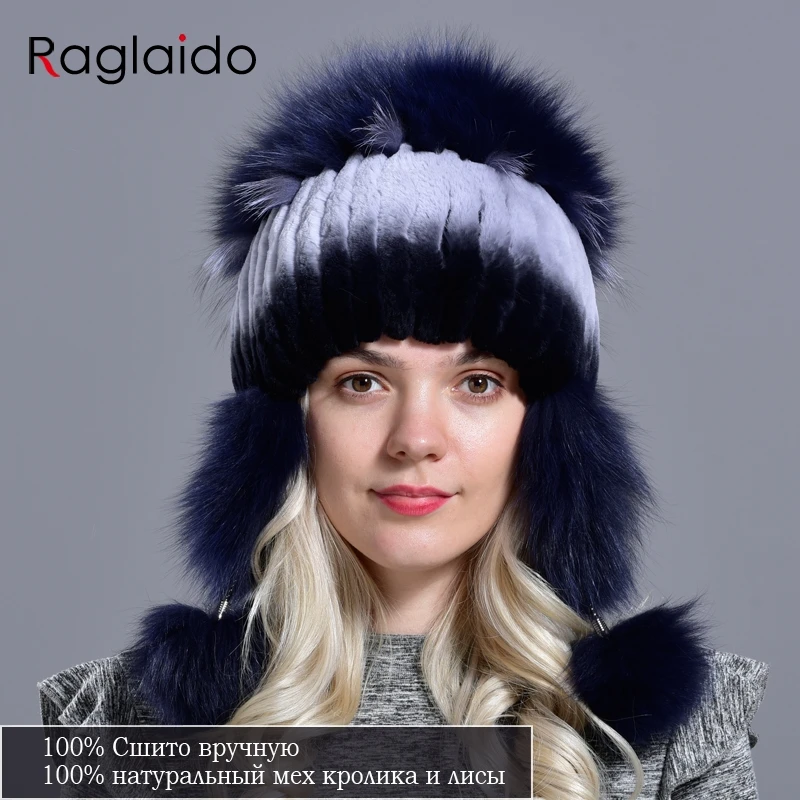 Raglaido žiemos skrybėlę moterims, šiltas natūralus geniune rex triušio kailiu megztos kepurės su earflaps handsewn mados bombonešis skrybėlę