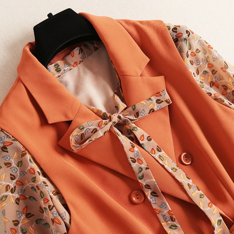 Naujas 2019 m. rudenį moterų šifono suknelė tiktų lankas apykaklės spausdinimo a-line dresses dvigubo breasted ilgai vest dviejų dalių komplektas plius dydis