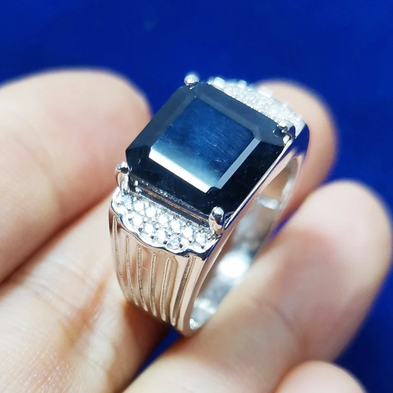 Vyrų žiedas Safyro žiedas Gamtos real black sapphire 925 sterlingas sidabro Nemokamas pristatymas Fine jewelry Bosas žiedas 7ct brangakmenio Y212221