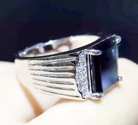 Vyrų žiedas Safyro žiedas Gamtos real black sapphire 925 sterlingas sidabro Nemokamas pristatymas Fine jewelry Bosas žiedas 7ct brangakmenio Y212221