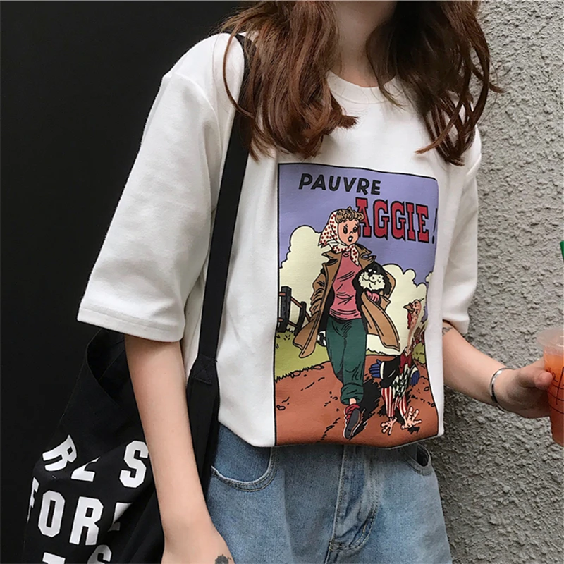 Korėjos Harajuku Laisvus Marškinėlius Moterų Atsitiktinis Trumpas Rankovės Ulzzang Animacinių filmų Spausdinti marškinėliai Mergaitėms Vasaros Kawaii Mielas Marškinėliai Basic Viršų