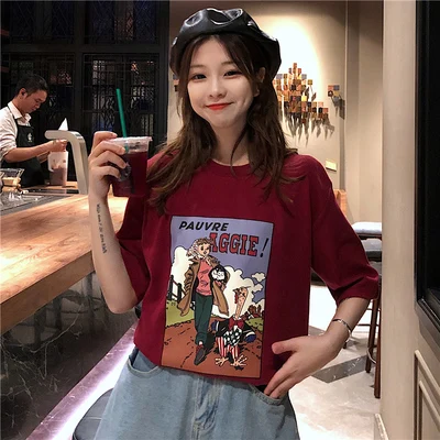 Korėjos Harajuku Laisvus Marškinėlius Moterų Atsitiktinis Trumpas Rankovės Ulzzang Animacinių filmų Spausdinti marškinėliai Mergaitėms Vasaros Kawaii Mielas Marškinėliai Basic Viršų