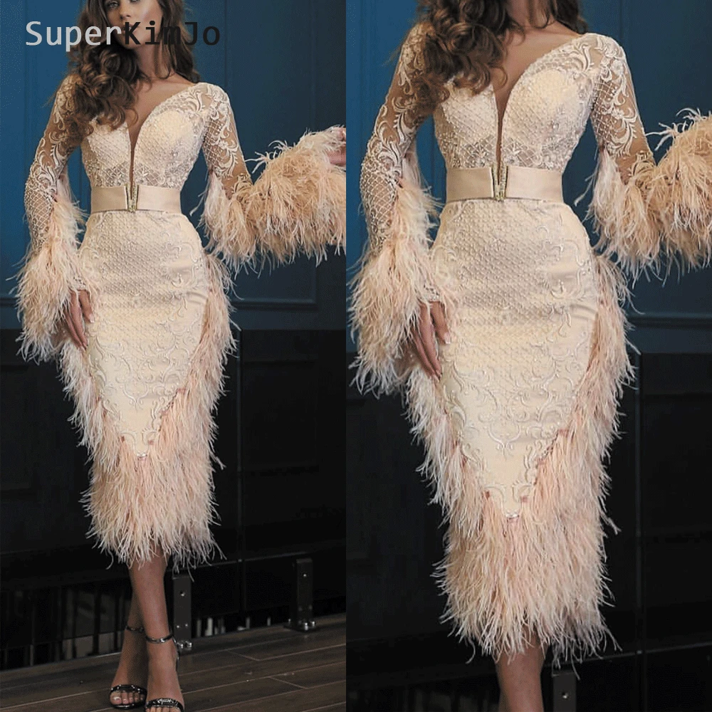 SuperKimJo Giliai V Kaklo Šampano Vakaro Suknelės 2020 Ilgomis Rankovėmis Plunksnų Nėrinių Aplikacijos Zawalcowany Undinė Oficialų Suknelė Vakare Gown