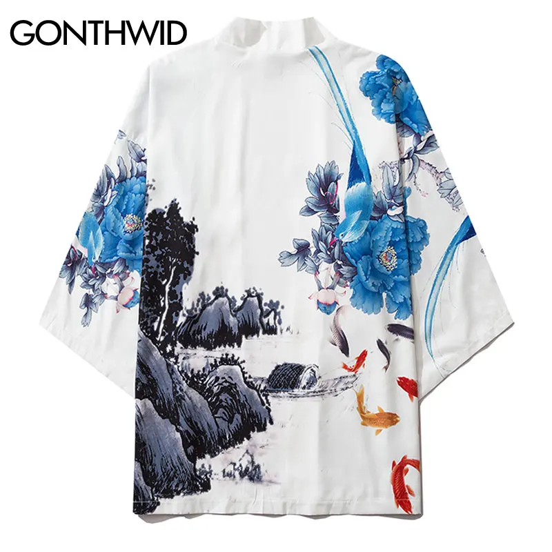 GONTHWID Bijūnų Žiedai Karpiai Koi Žuvų Spausdinti Japonų Kimono Megztinis Marškinėliai Topai Mens Atsitiktinis Atidaryti Priekyje Striukės, Paltai Streetwear