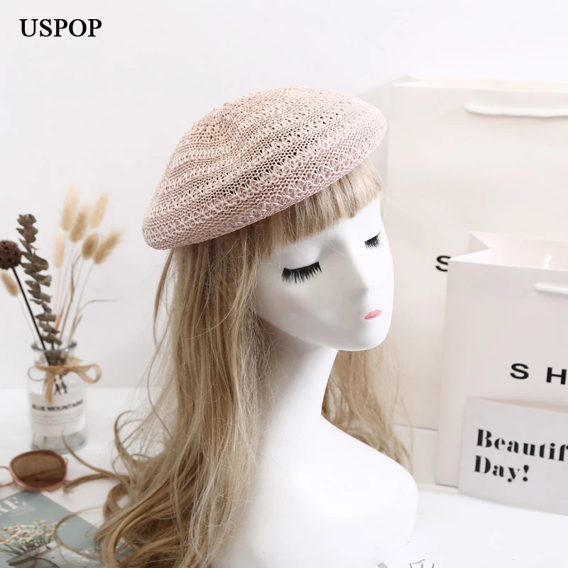 USPOP 2020 Naujas moterų skrybėlės pavasario beretė atsitiktinis moterų vientisos spalvos medvilnės skalbiniai beretės megztos kvėpuojantis tuščiaviduriai iš beretės