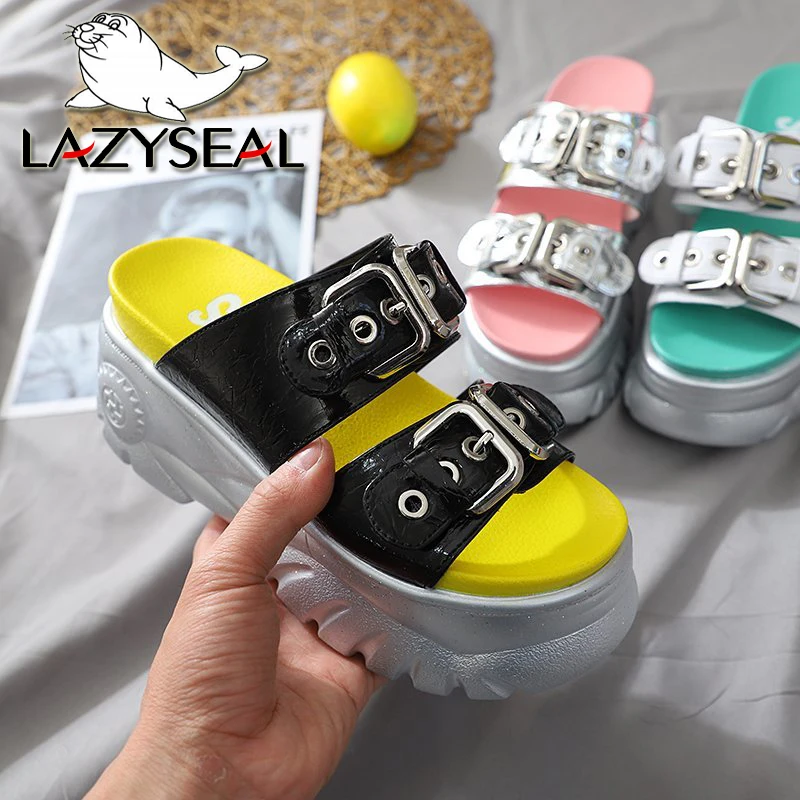 LazySeal 7..5cm Pleišto Kulno Moterų Sandalai Metalo Sagtis Platforma Vasaros Paplūdimio Mados Sandalas Storio Vienintelė Moteris Batai