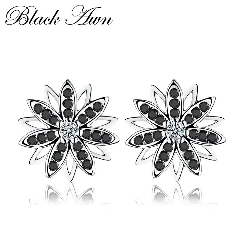Romantiška Originali 925 Sterlingas Sidabro Fine Jewelry Gėlių Black&White Akmens Sužadėtuvių Stud Auskarai Moterims T119
