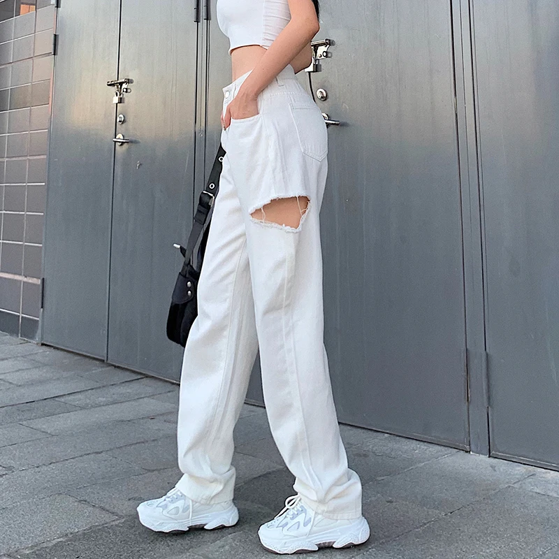 Darlingaga Mados Neveikiančių Skylę Baltos Spalvos Džinsinio Audinio Kelnės Moterims Tiesiai Streetwear Džinsai Kietas Aukšto Liemens Kelnės Pantalones Korėjos Stiliaus