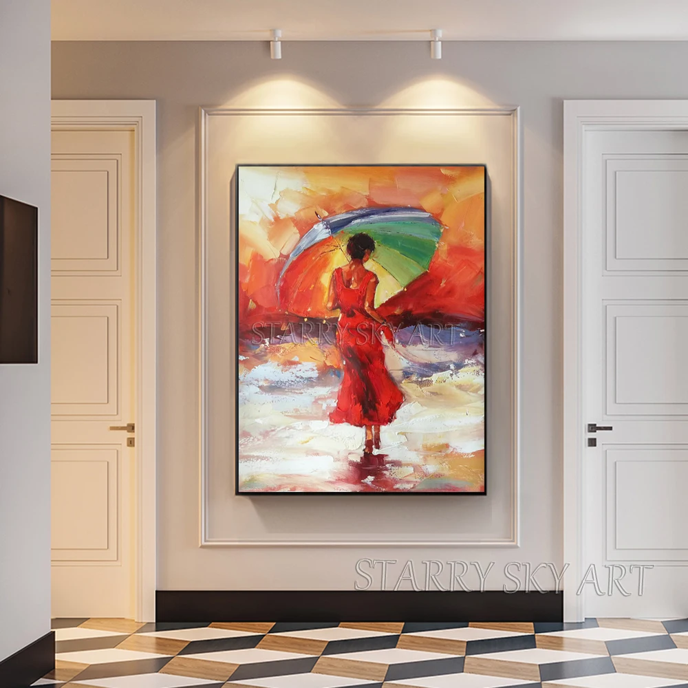 Pigiai Ranka-dažytos Aukštos Kokybės Impresionistų Mergina su Skėčiu Naftos Tapyba ant Drobės Panele su Raudona Suknelė Naftos Tapyba
