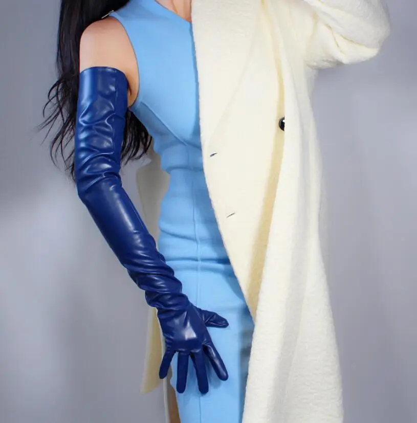 Moterų mados tamsiai mėlyna plačios rankovės dirbtiniais pu odos pirštinės lady klubo veiklos oficialų šalies odos ilgos pirštinės 38cm R2591