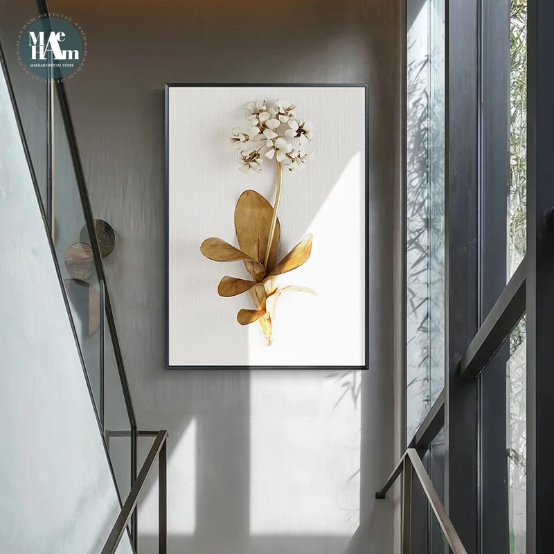 Aukso augalų lapai ir žiedai Sienos meno tapybos drobės Sienos Nuotraukas Kambarį Šiaurės Apdailos Nuotraukas morden dekoras