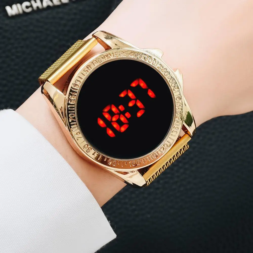 Prabanga Rose Gold Magnetinio Laikrodžiai Moterims, Apyrankė Mados Skaitmeninis Raudonų LED Dial Suknelė Kvarcinis Laikrodis Ponios Aukso Riešo Žiūrėti