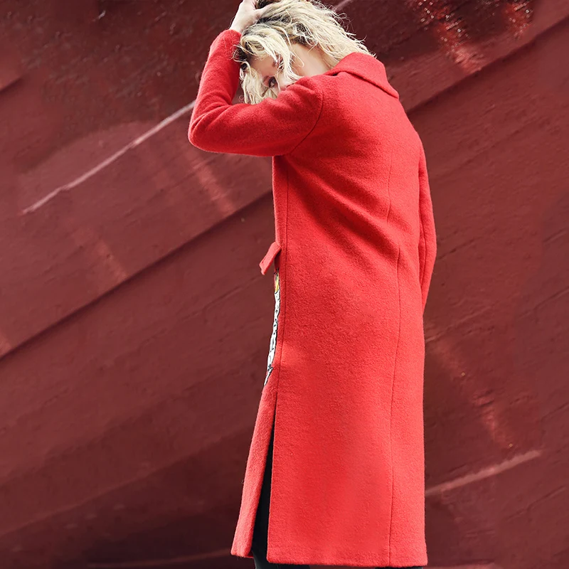 2019 Moteris Rudens-Žiemos Naujas Raudonas Vilnonis Kailis Asmenybės Pleistras Dizaino Viršutiniai Moterų Storas Paltas Šiltas Vilnos Ilgas Švarkas