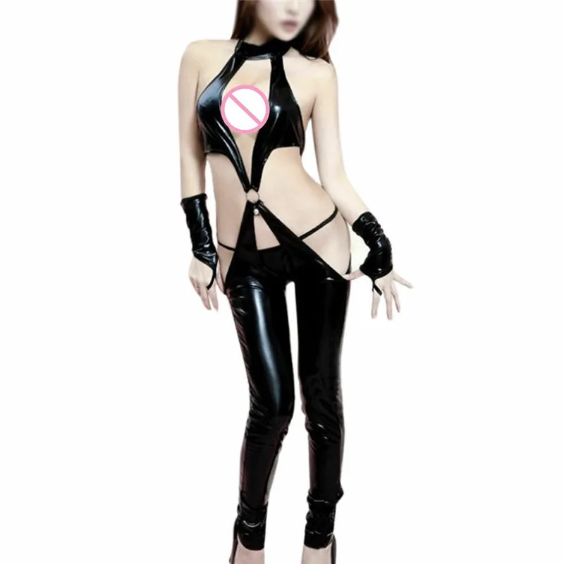 XL Seksuali Moteris Bodysuits PVC Oda Jumpsuits G-string WetLook Latekso Bodycon Catsuit Juodas Rompers vakarėlis Šokių Clubwear