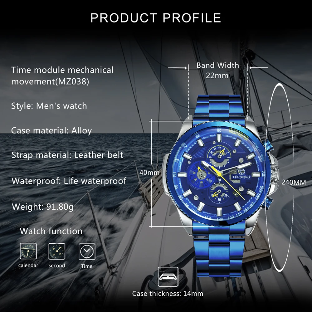 FORSINING Kariniai Laikrodžiai Vyrų Sporto Automatinis Mechaninis laikrodis Dirba 3 Sub-ciferblatas Verslo Atsitiktinis Vyrų Laikrodis Mėlyna Plieno Dirželis