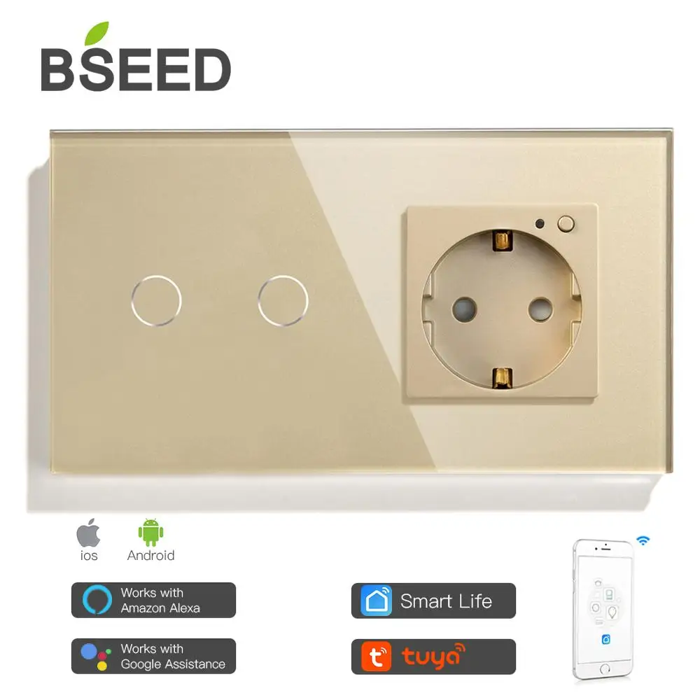 BSEED Smart Wifi Touch Jungiklis 2 Gaujos 1 Būdas Su ES Lizdas 3 Spalvų Kristalų, Stiklo Skydelis Dirbti Su Smart Gyvenimo Tuya App