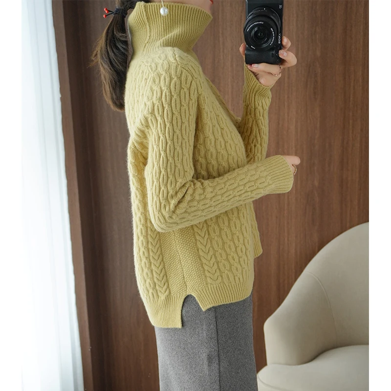 Vilnos Žiemos Drabužių vientisos spalvos Megztos Mados Golfo Puloveris Asimetrija Juostele Moterų megztinis