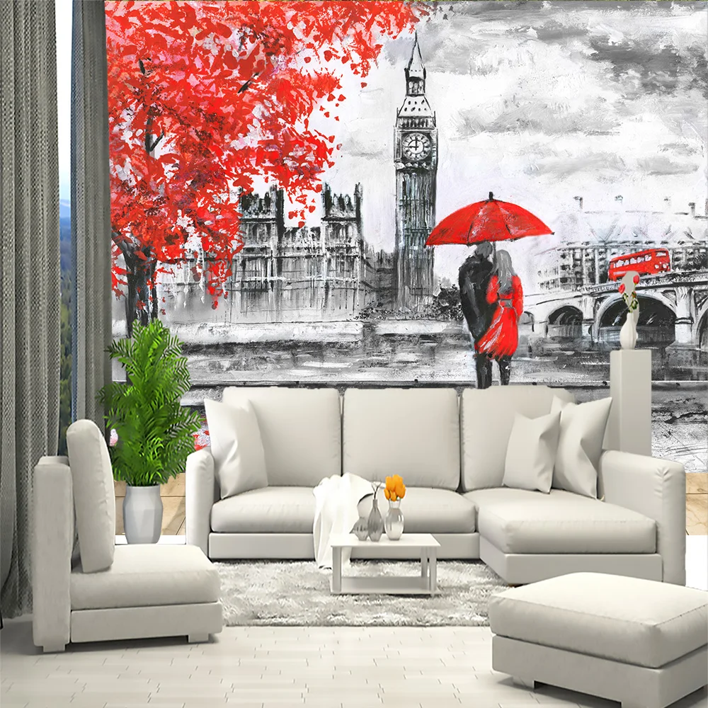 3D sienos freskos Londono paveikslas Anglija, juoda ir balta, fono paveikslėlis, ekrano užsklanda, salė, virtuvė, miegamieji, sienos freskos plečiasi erdvė