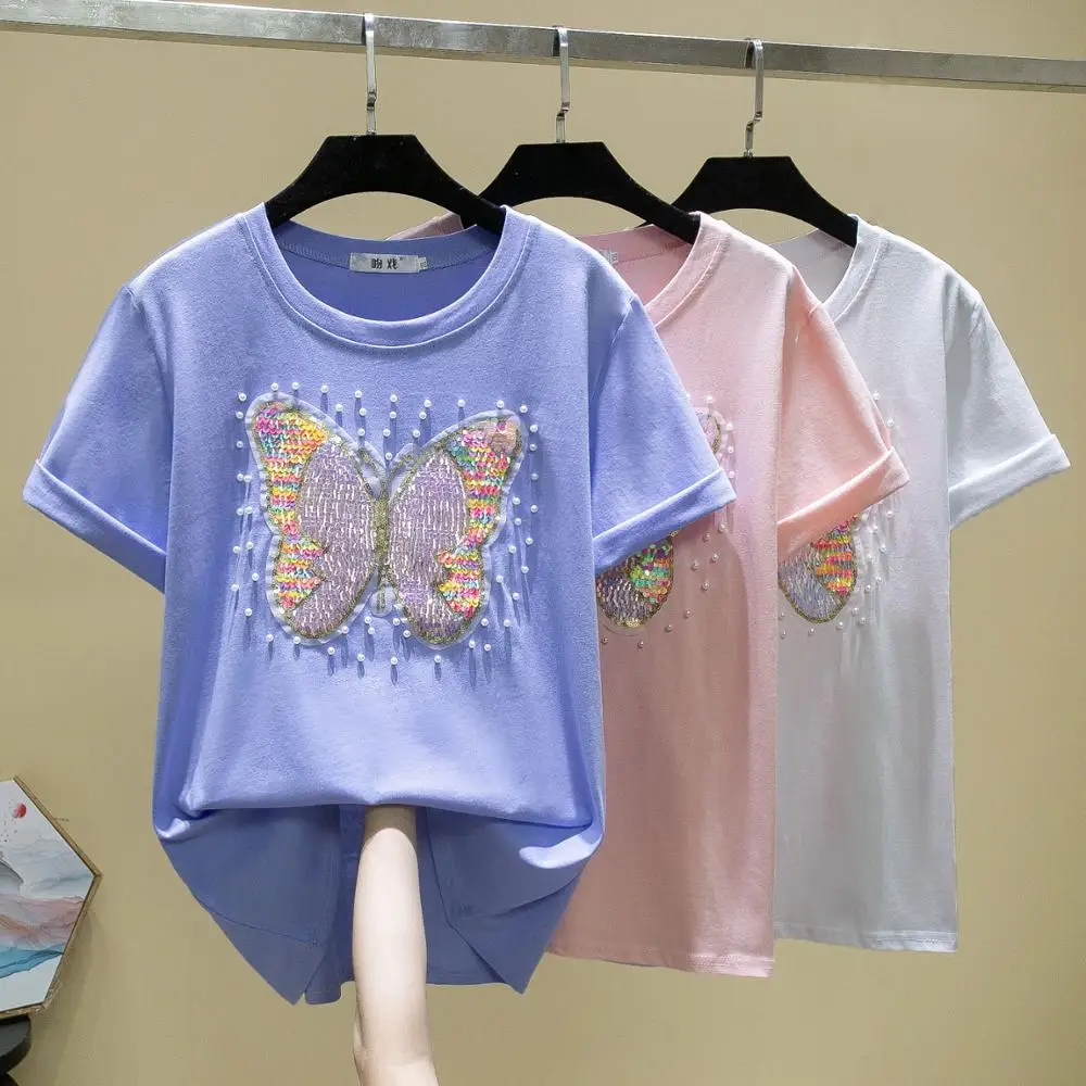 Vasaros Drugelis china siuvinėjimo Negabaritinių marškinėliai Moterims Atsitiktinis Trumpas Rankovės Prarasti Viršūnes Moterų Duobute O-kaklo Tees Harajuku