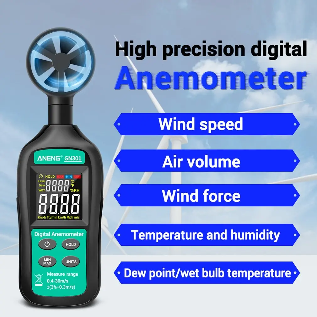 GN301 Skaitmeninis Anemometras 0-30m/s Vėjo Greičio Matuoklis -10 ~ 45C Temperatūros Testeris Anemometro su LCD foninio Apšvietimo Ekranas