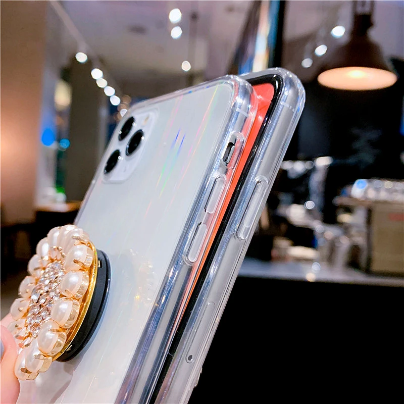 3D Blizgučiai Lazerio Skaidrus Deimantas Savininkas Telefono dėklas Skirtas iphone 12Pro MAX 11Pro XS MAX XR X 7 8 Plius Kristalų Stovėti Bling Dangtis