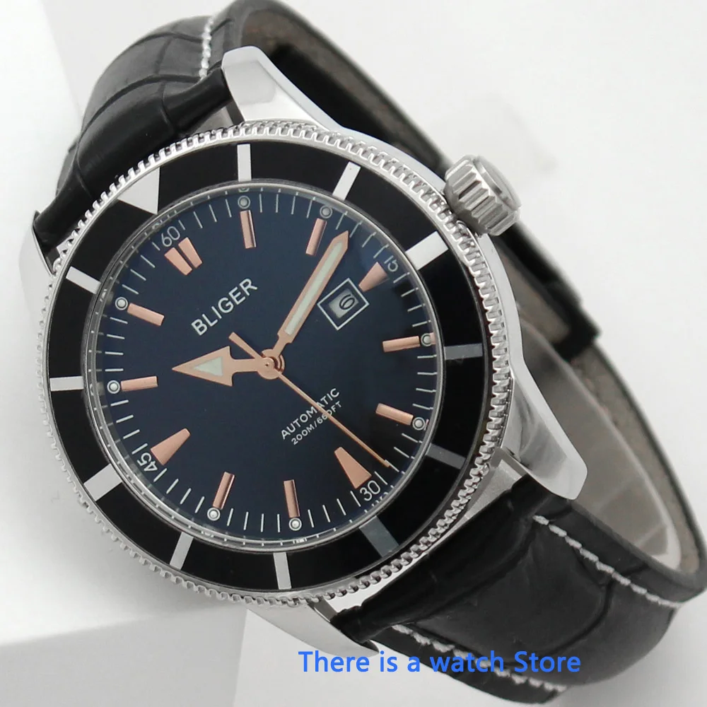 Bliger 46mm black dial mechaninė automatinė mens watch safyro stiklas Šviesos Vandeniui Odos Dirželis Laikrodis Vyrams