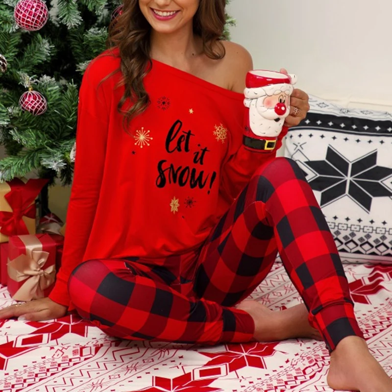 Naujų Kalėdinių Kostiumų Moterų Pižama Žiemos ilgomis Rankovėmis Marškinėliai Pledas Namų Paslauga Kalėdų Laiškas Dviejų dalių Kostiumas Patogus sleepwear