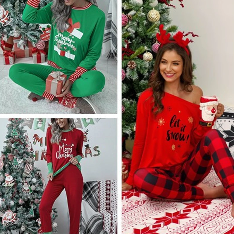 Naujų Kalėdinių Kostiumų Moterų Pižama Žiemos ilgomis Rankovėmis Marškinėliai Pledas Namų Paslauga Kalėdų Laiškas Dviejų dalių Kostiumas Patogus sleepwear