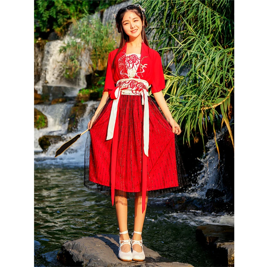 Moteris Kinijos Tradicinės Hanfu Suknelė Senovės Elegantiška Siuvinėjimas Šokių Dėvėti Vasarą Red Fairy Trumpas Rankovės Viršuje Akių Sijonas