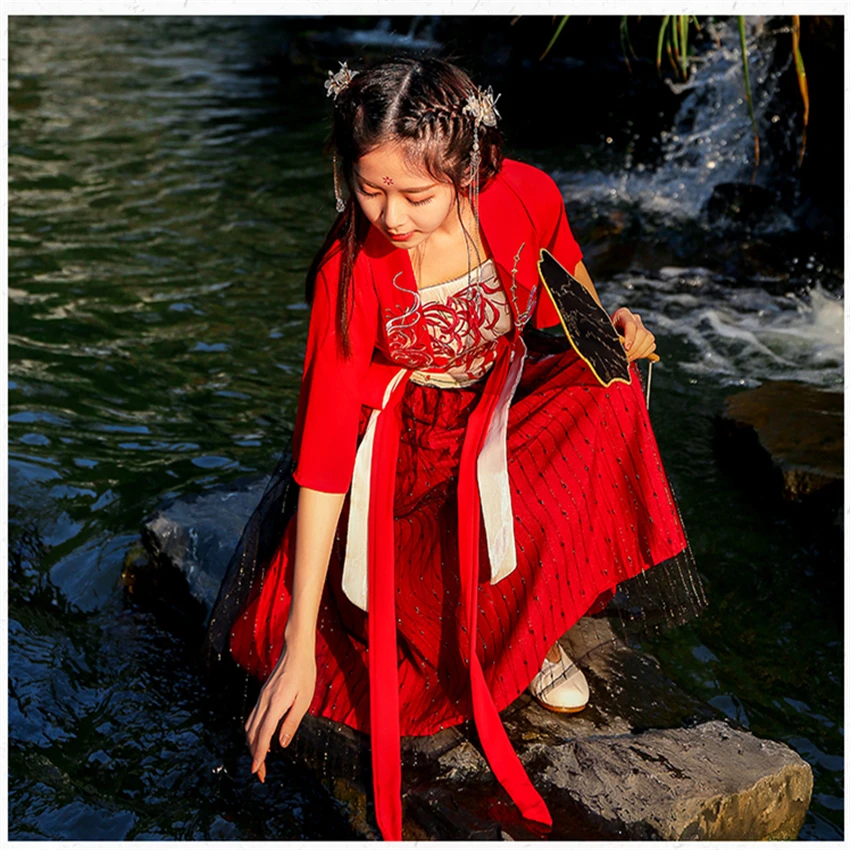 Moteris Kinijos Tradicinės Hanfu Suknelė Senovės Elegantiška Siuvinėjimas Šokių Dėvėti Vasarą Red Fairy Trumpas Rankovės Viršuje Akių Sijonas