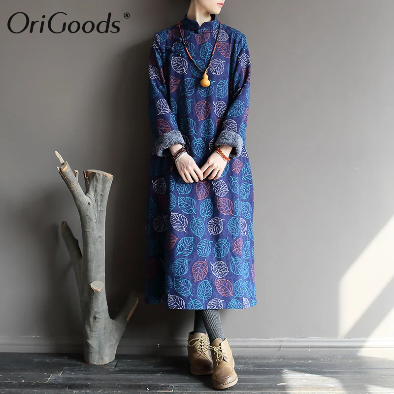 OriGoods Žiemos Moterų Suknelė Kinų Stiliaus Medvilnės Spausdinti Šilta Suknelė Plius dydis Prarasti Ilgos Žiemos Suknelė Moterims Aksomo Mantija A474