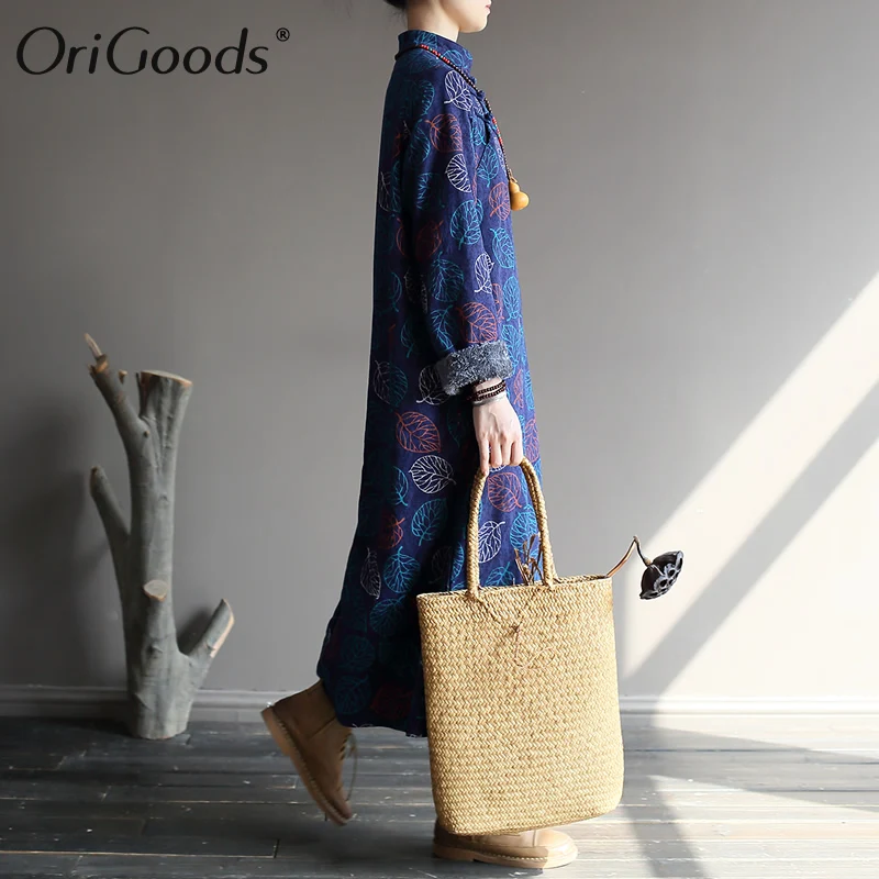 OriGoods Žiemos Moterų Suknelė Kinų Stiliaus Medvilnės Spausdinti Šilta Suknelė Plius dydis Prarasti Ilgos Žiemos Suknelė Moterims Aksomo Mantija A474
