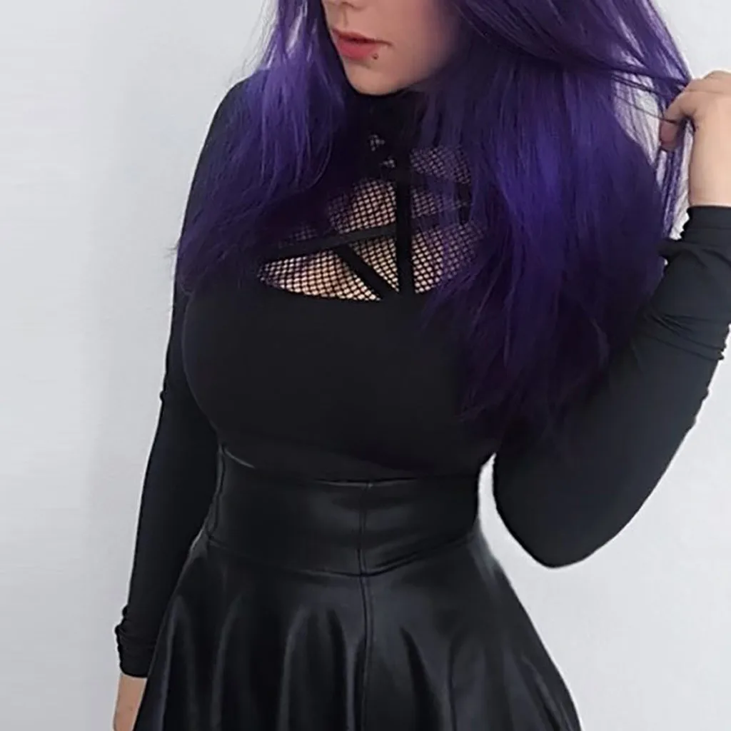 JAYCOSIN Moterų Gothic Punk Juoda Retro aukštos apykaklės siūlėmis ilgomis Rankovėmis Akių Tvarstis Priežastinis seksualus dugno shirt juoda