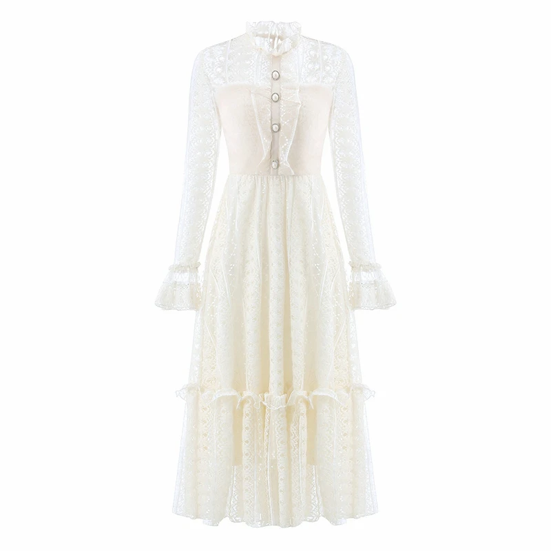 2021 Naujas Moters Suknelė Baltos spalvos Nėrinių kratinys ilgomis rankovėmis saldus atsitiktinis maxi suknelė moteriška šalis rudenį vestido duobute mygtuką