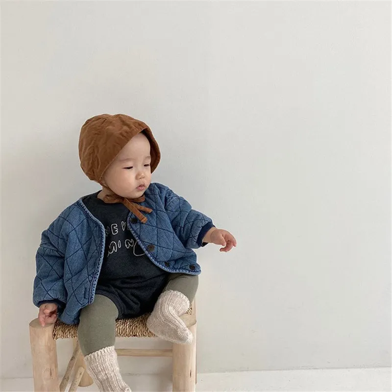 Korėjos stiliaus kūdikių drabužiai žiemos berniukų, mergaičių tirštėti džinsinio striukė kūdikiui baby šiltas dygsniuotas kailis