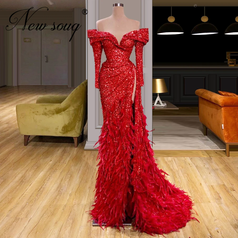 Raudona Medžiaga Oficialų Suknelė Dubajus Dizaino Blizgučiai Plunksnos Vakaro Suknelės 2020 Užsakymą pagaminti nuo Peties Moterims, Chalatai Artimuosiuose Rytuose