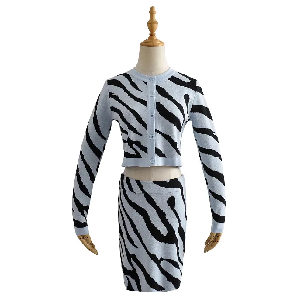 2020 m. Rudens Retro Kontrasto spalvų Zebra Cardigan Korėja Single-breasted Mygtuką Megzti Megztinis Paketo Klubų Mini Sijonas 1 Set