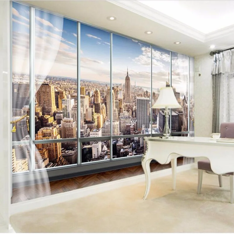 Foto Tapetai 3D Už Lango Miestą Peržiūrėti Freskos Hotel Restaurant Temą Office Fono Sienos Lipdukas Lipnios Freska