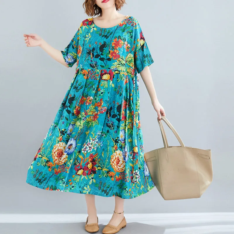 Plus Size Boho Gėlių Spausdinti Medvilnės Ilga Suknelė Moterims Atsitiktinis Palaidų Ponios Suknelės Vasaros Paplūdimio Bohemijos Lino Suknelė 4XL 5XL 2020 m.