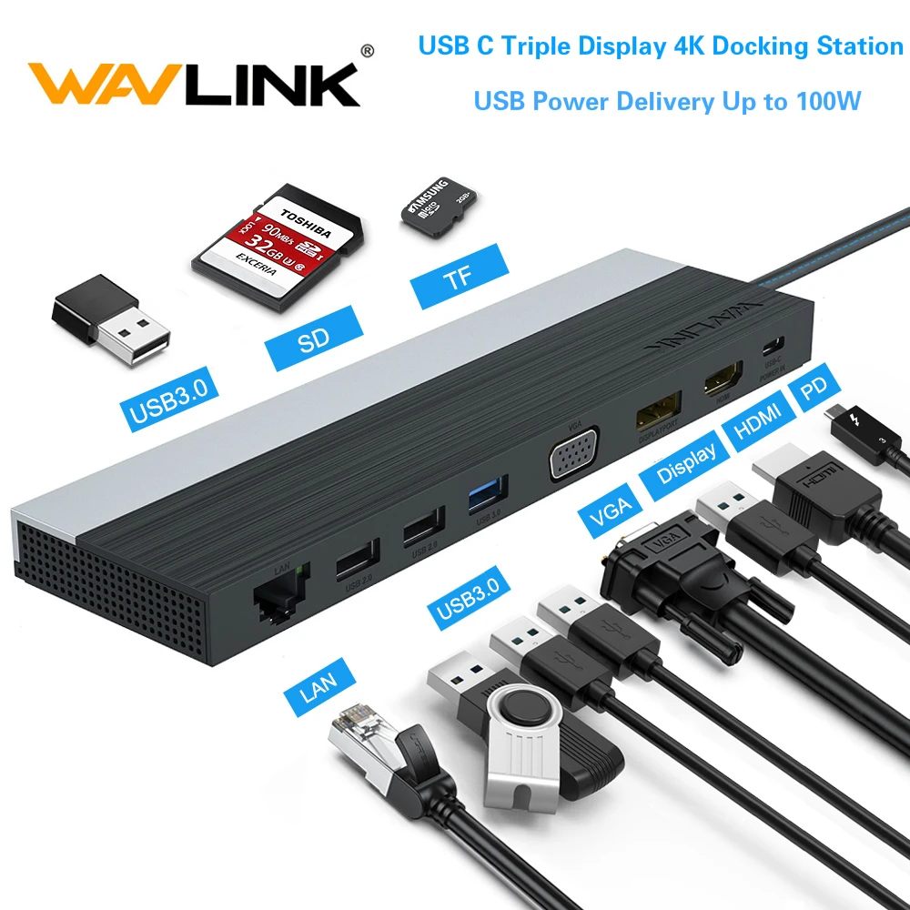 Wavlink USB C Trigubas Ekranas Docking Station 4K MST USB Power Delivery iki 100W su USB3.0 DP/HDMI/VGA Windows/Mac OS
