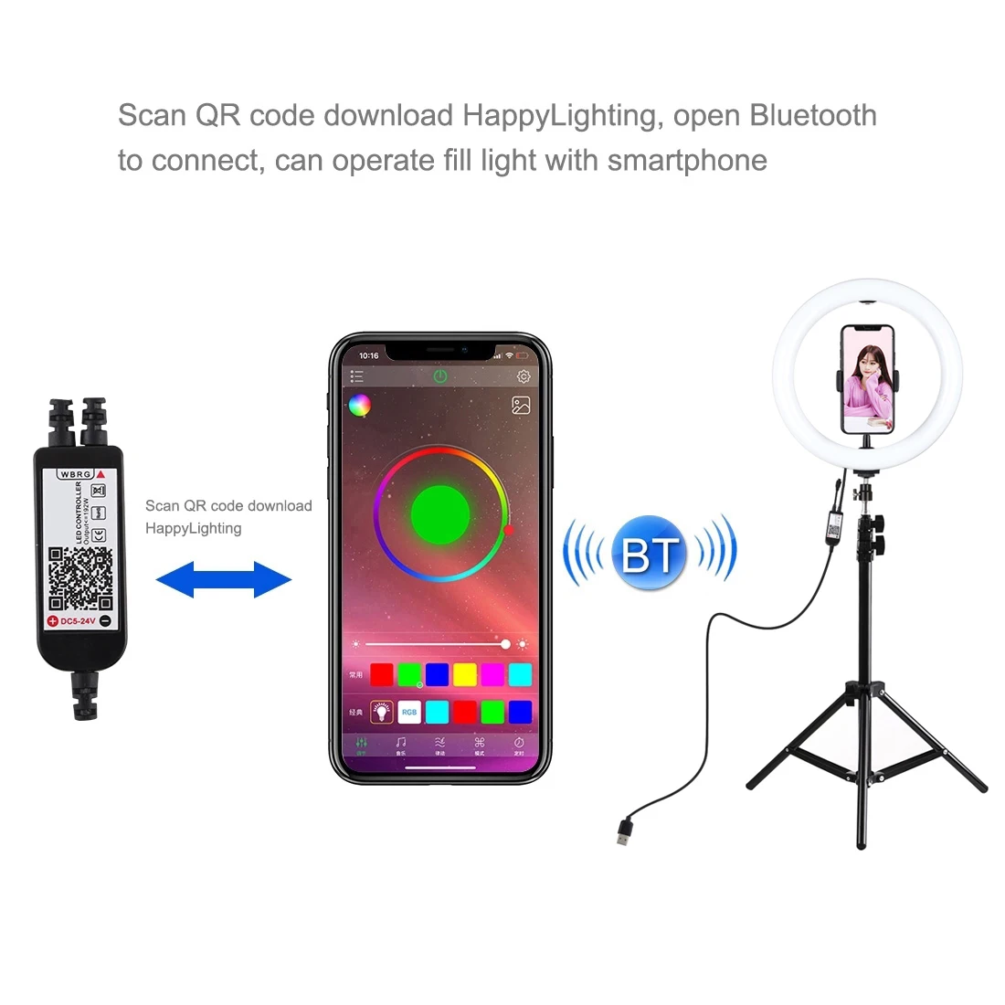 PULUZ 10 colių 26cm RGBW LED Selfie Žiedas, Šviesos, Vaizdo Vlogging &Trikojis Stovas Live Transliacijos Rinkiniai su Nuotolinio Valdymo ir Telefono Apkabos