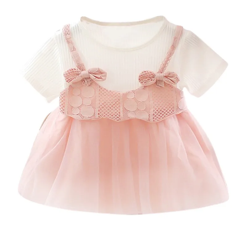 Vasaros Baby Girl Suknelės Princesė Dress Netikrą 2 Gabalas Bamblys Tinklo Projektavimas Trumpas Rankovės Medvilnės Sundress Baby Girl Dress Vestidos