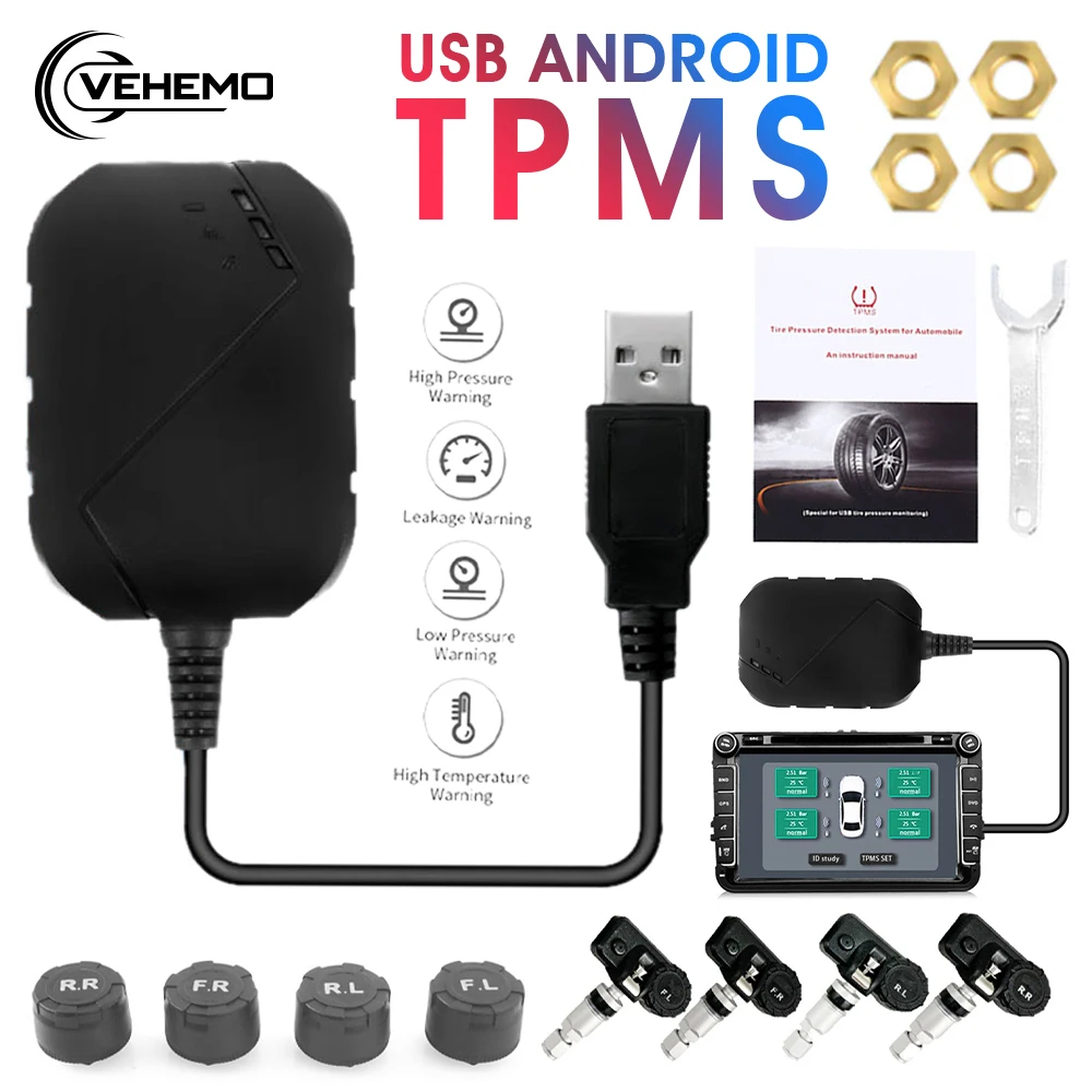 USB Android TPMS Padangų Slėgio Stebėjimo Sistema Ekranas Signalizacijos Sistema, 5V Vidaus Jutikliai Android Navigacijos Automobilinį Radiją 4 Davikliai