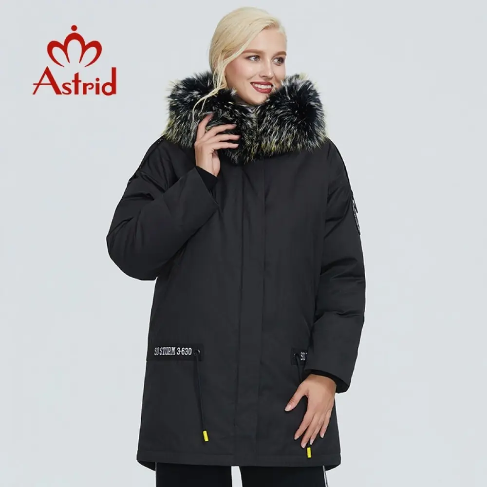 2019 Astrid žiemos striukė moterims storio medvilnės drabužius laisvalaikio šiltas juoda moterų parko Didelis kailių apykaklės dizaino ZR-3030