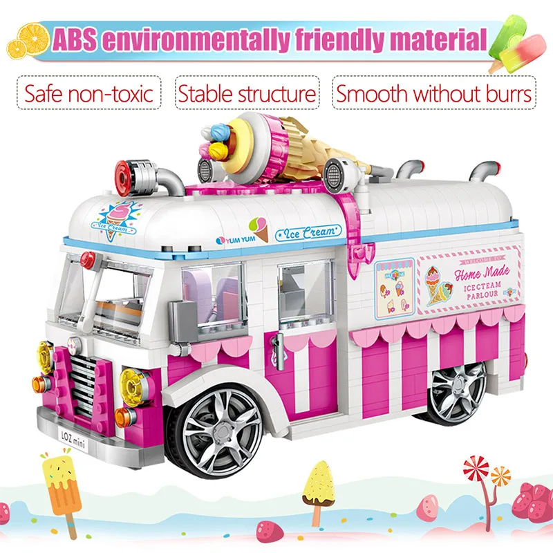 LOZ Mini Blokai Ice Cream Van Rožinė Automobilių Tortas Autobusų Sunkvežimio Modelį Švietimo Žaislai Mergaitėms Kūrėjas Draugais 1244pcs Plytos