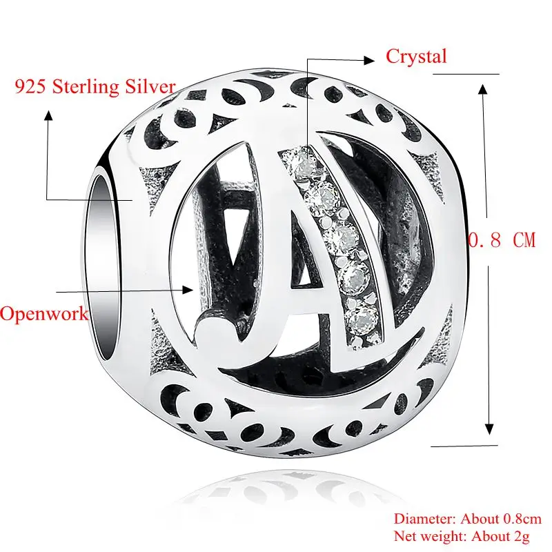 Autentiškas 925 Sterling Silver Crystal Abėcėlę: A-Z Raidę, Žavesio Karoliukai Tinka Originalus Pandora Apyrankės Karoliai 